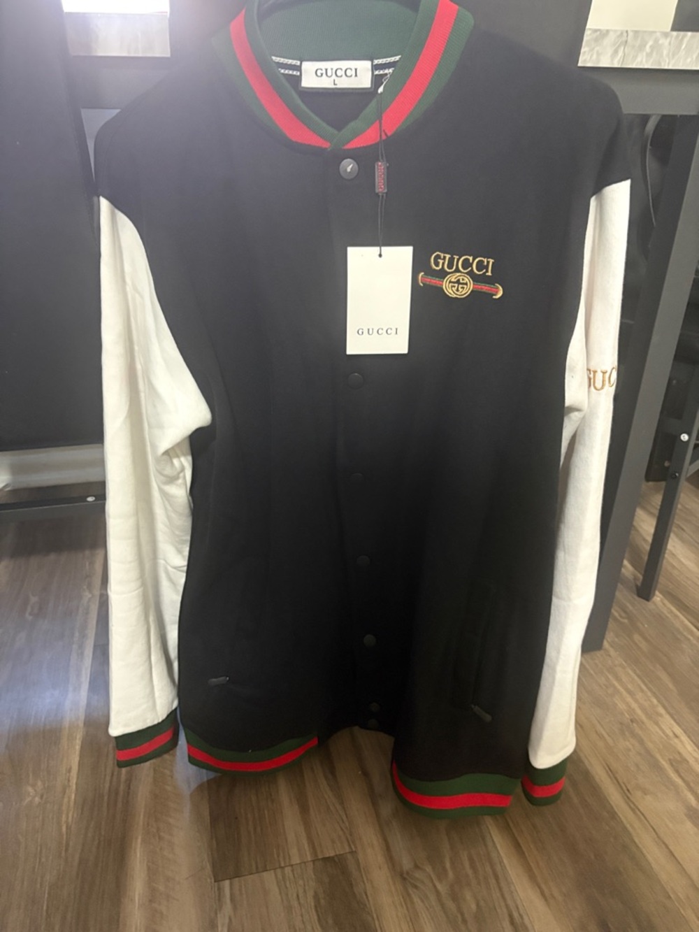 Gucci Black Varsity Jacket with White Sleeves and Red-Green Trim